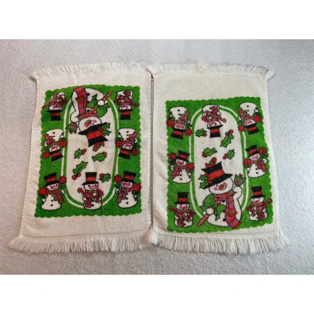 Vintage Royal Terry Snowman Christmas Hand Towels Set of 2 Green White Fringe